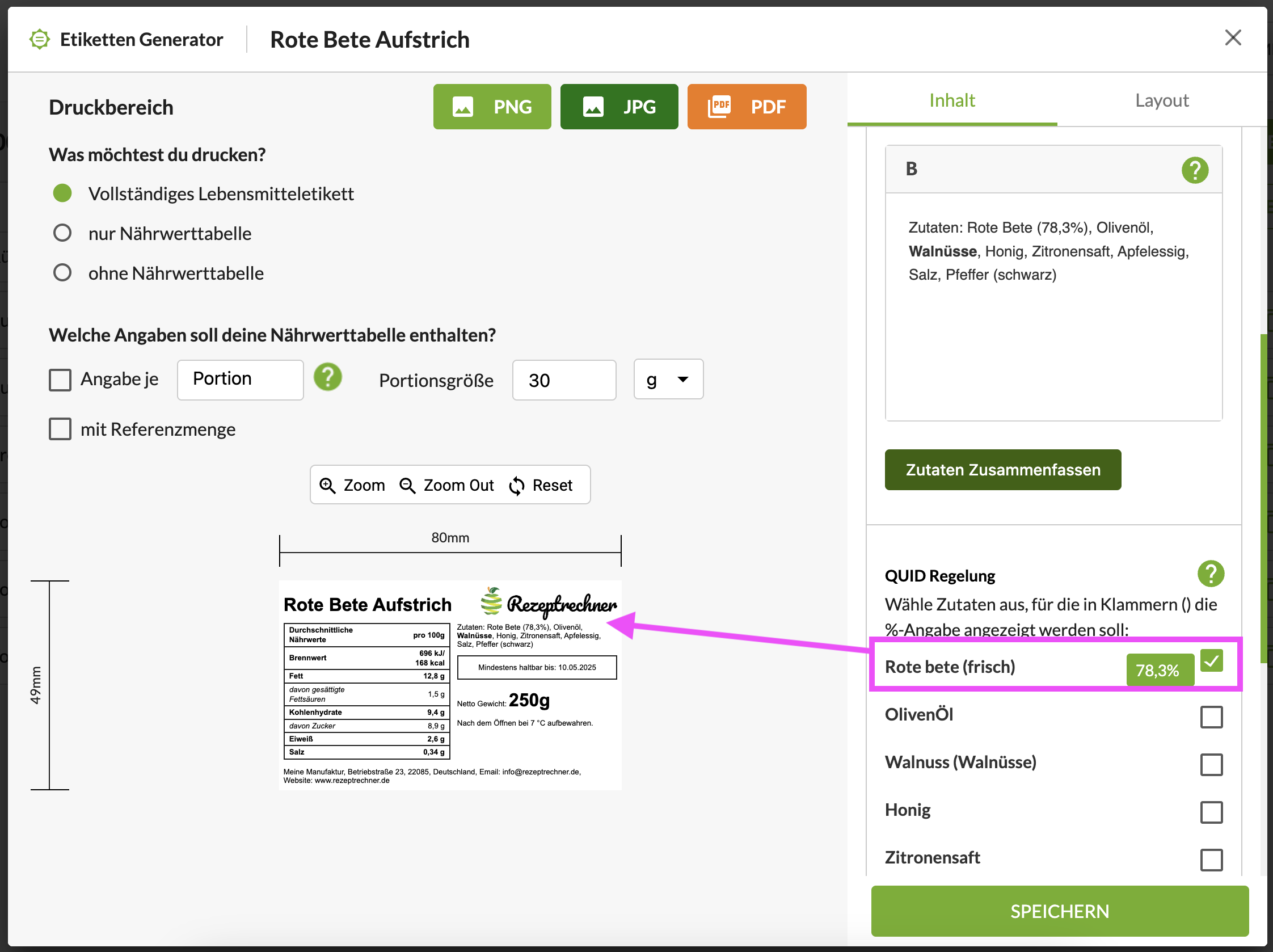 QUID Regel Lebensmittel