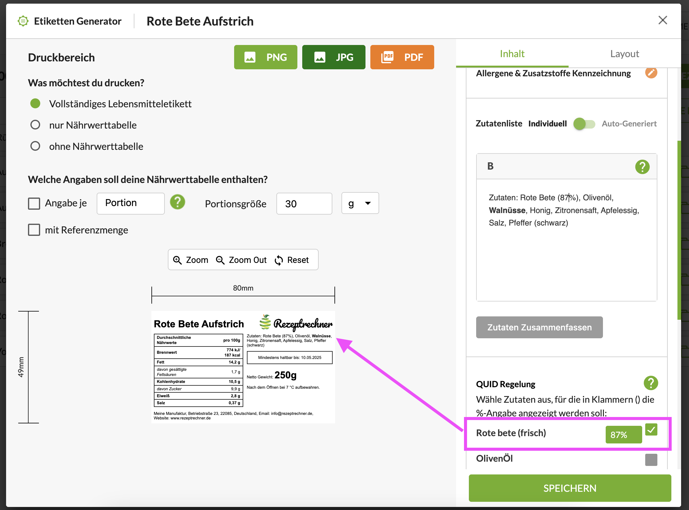 QUID Regel Lebensmittel