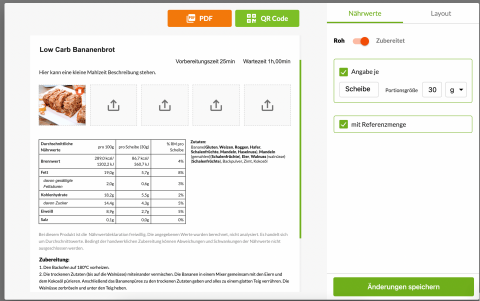 Inhaltsstoffe Tabelle für Lebensmittel