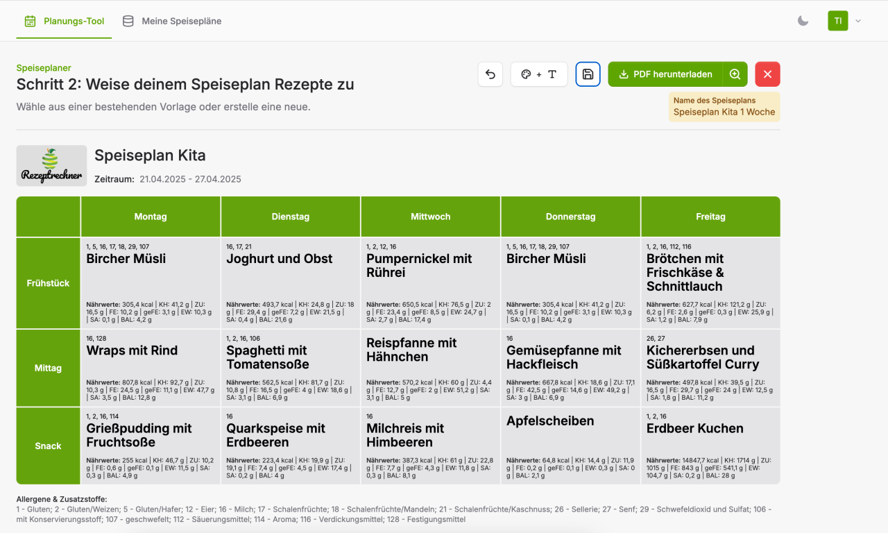 Wochenplan Kita zum ausdrucken | Rezeptrechner Software