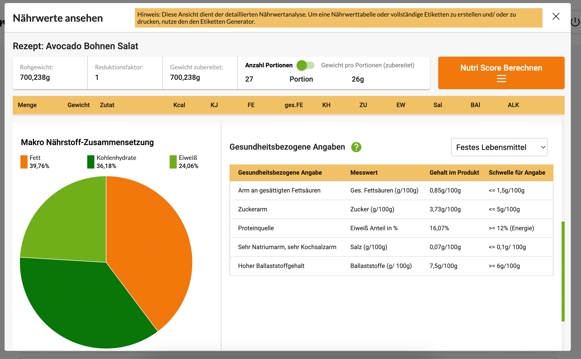 Health Claims Generator für Lebensmittel