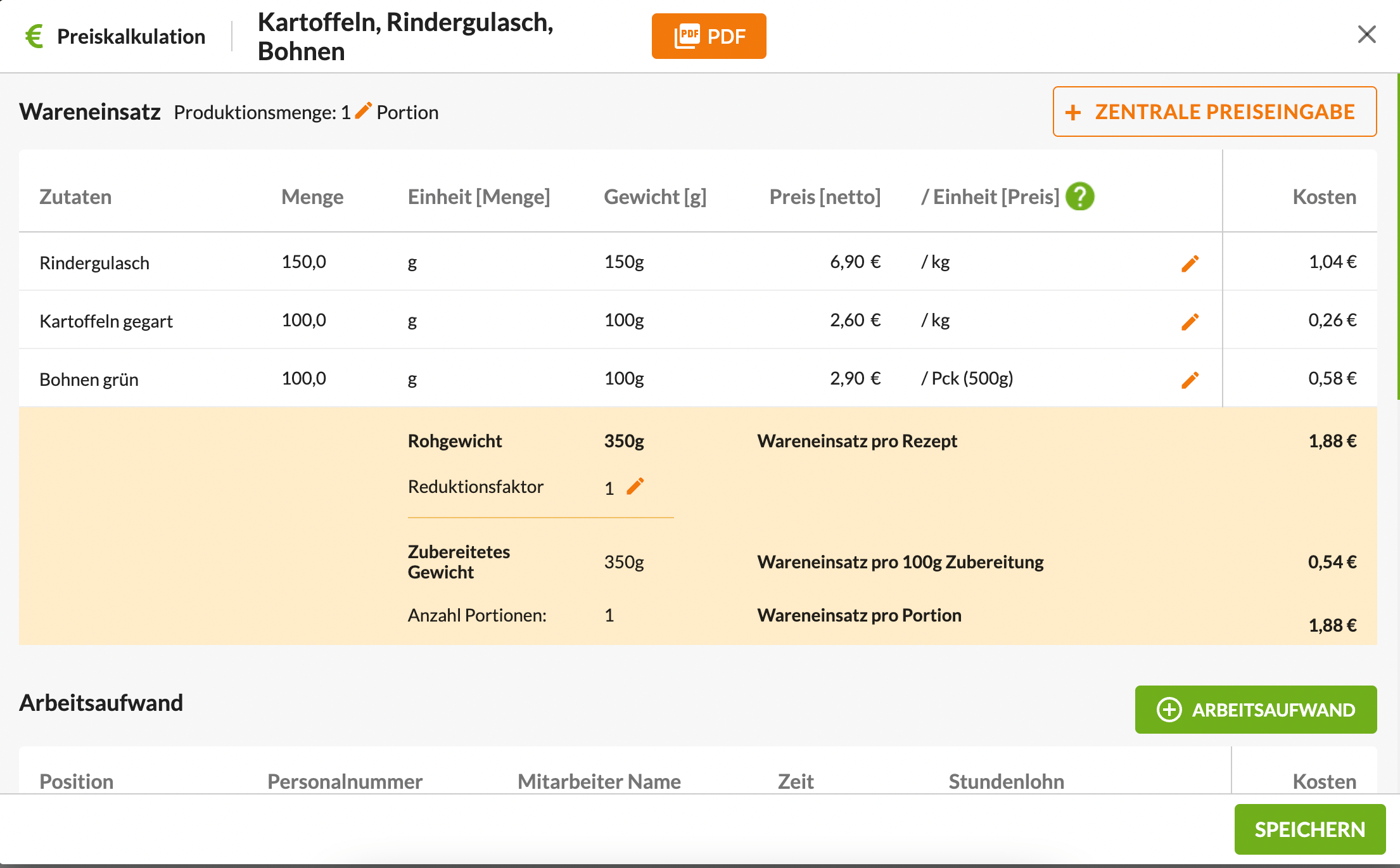 Kalkulation für Kantinen Essen