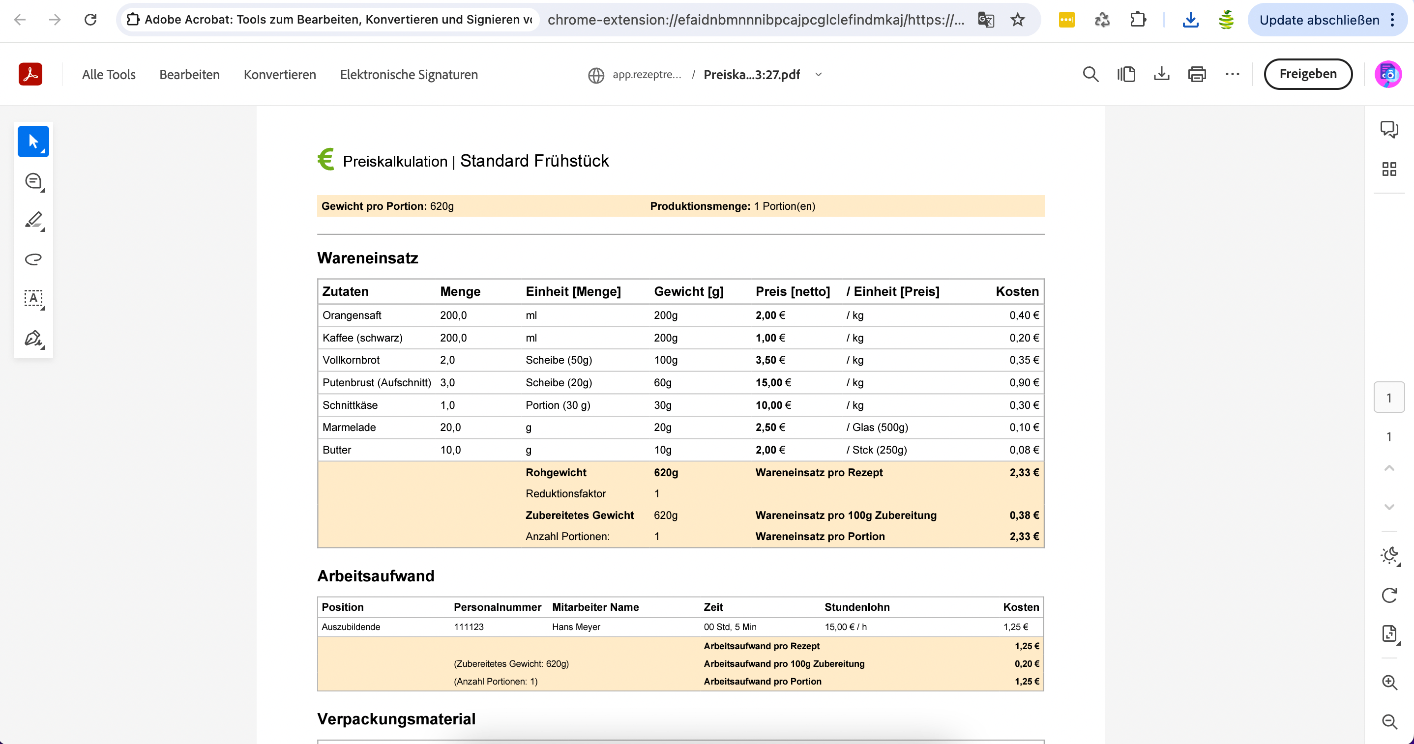 Preiskalkulation Beispiel Gastronomie: Frühstück