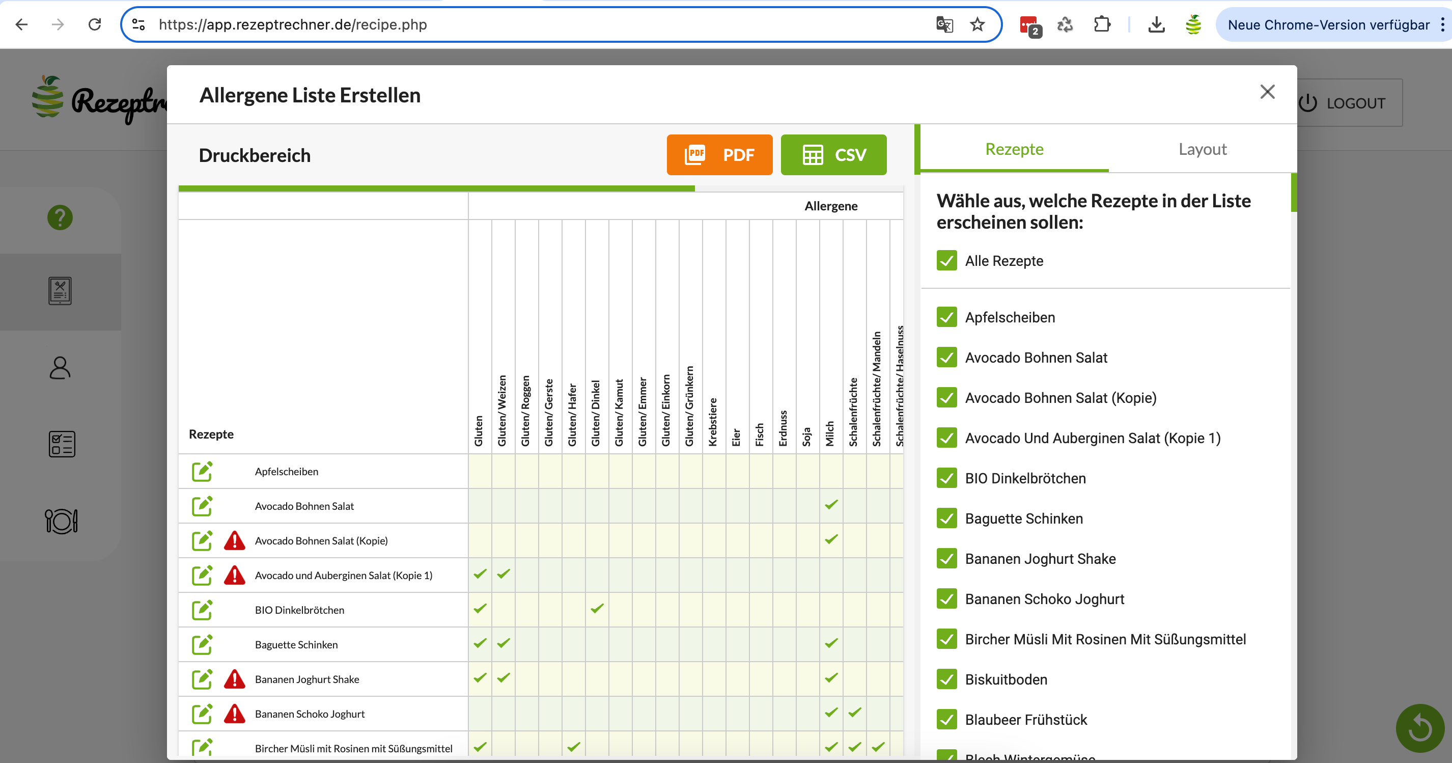 Rezeptverwaltungssoftware mit Allergenkennzeichnung