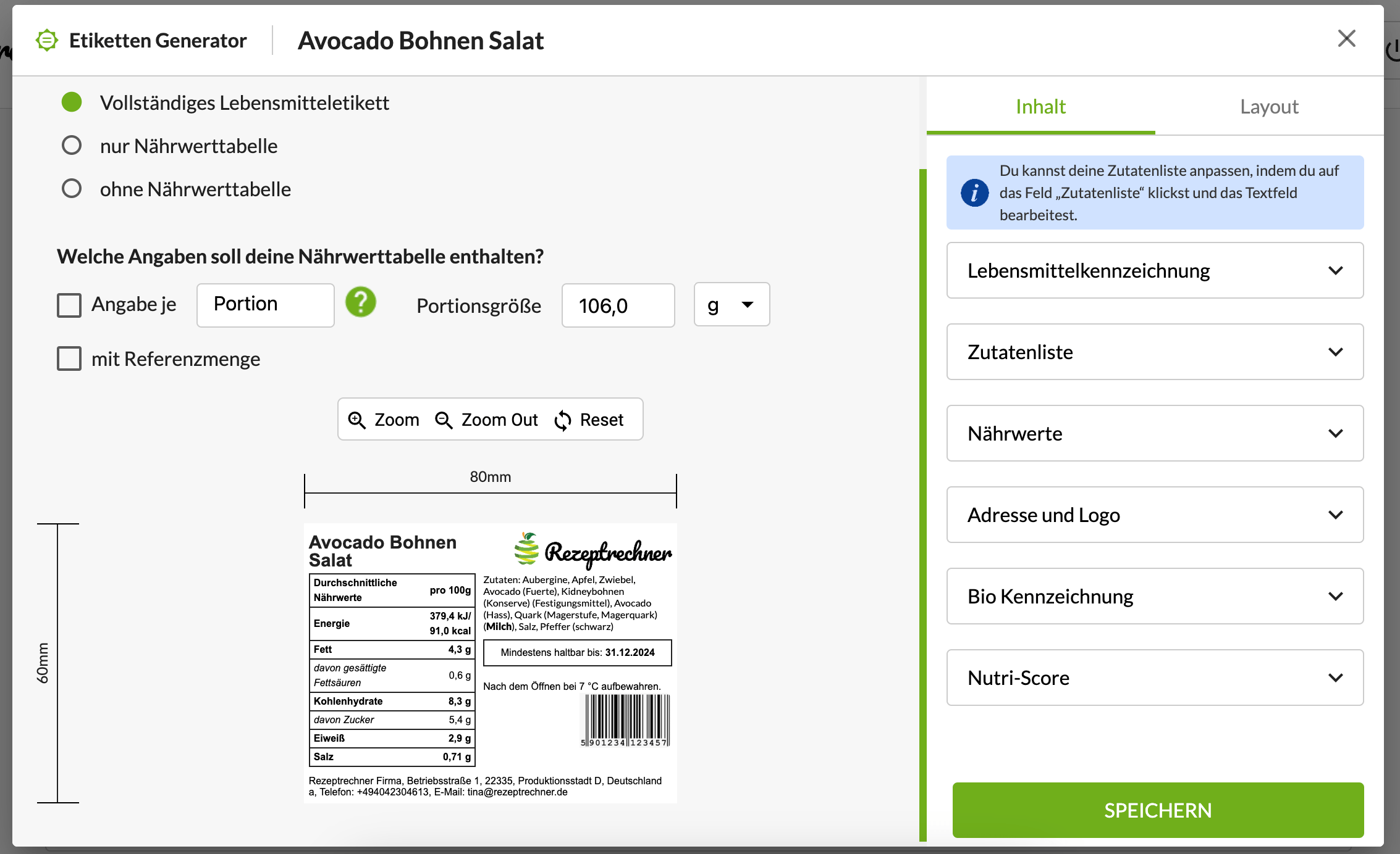 Lebensmittel Etiketten gemäß LMIV erstellen