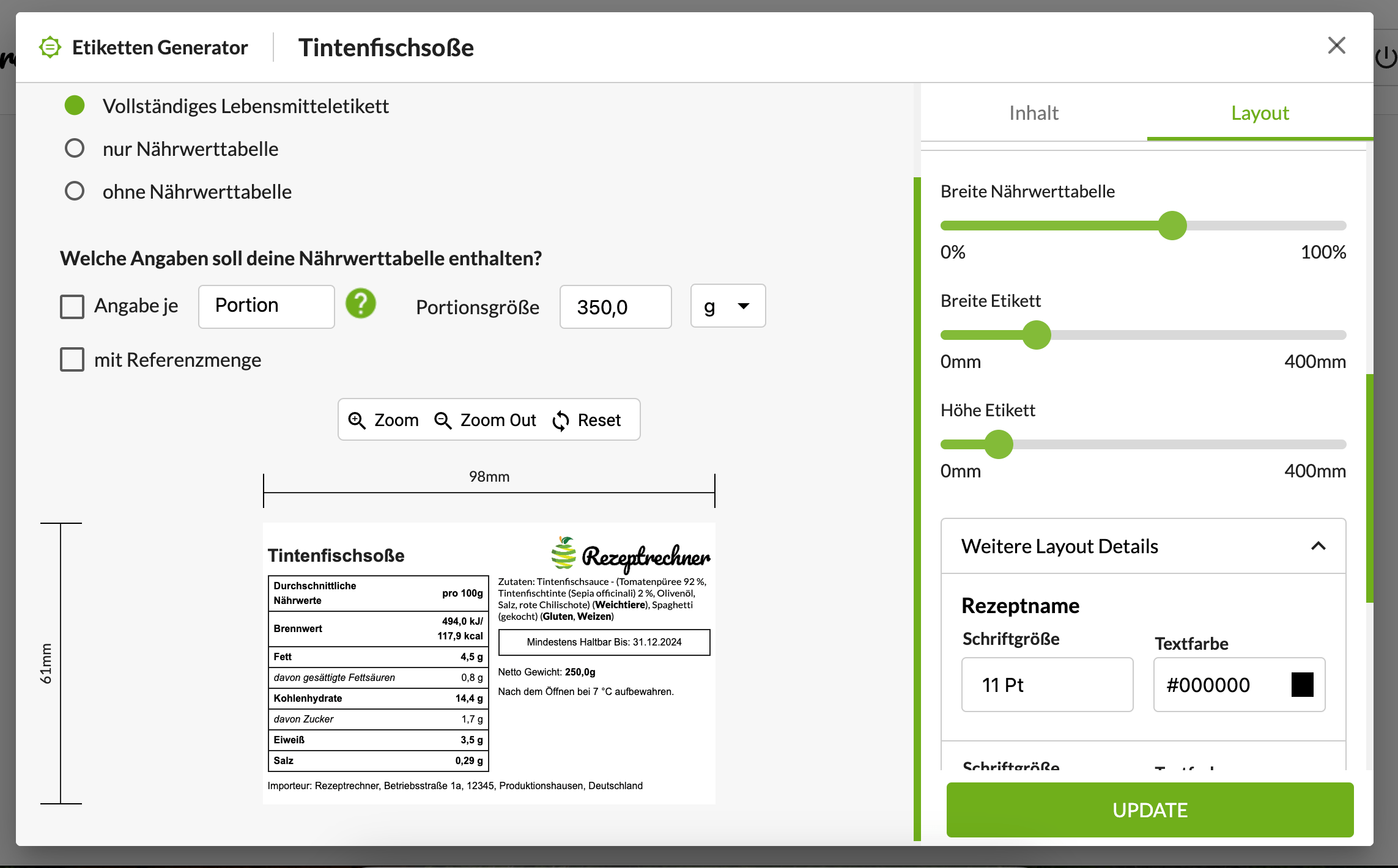 Software Lebensmittel Import für Kennzeichnung