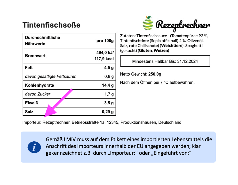 Lebensmittel Import Adresse auf Etikett