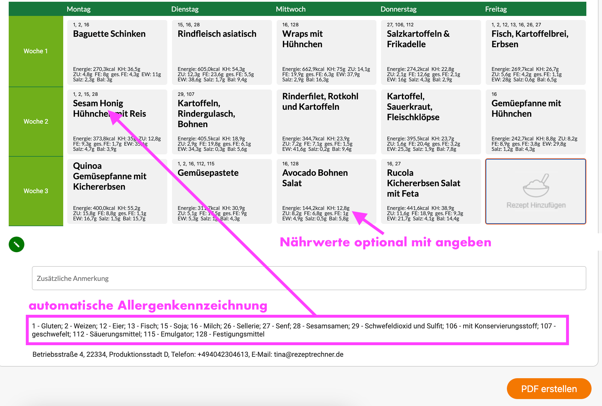 Wochenspeiseplan mit Allergenkennzeichnung