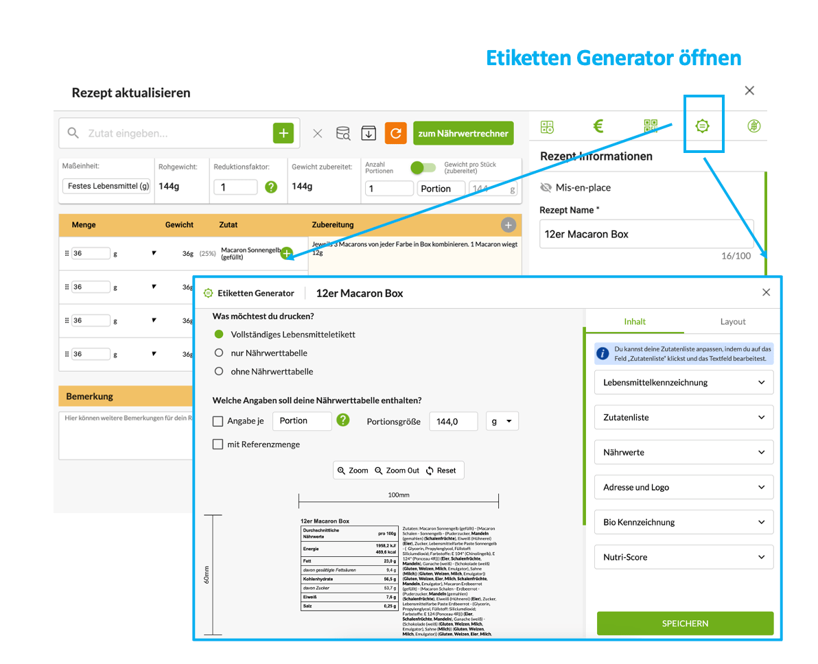 Etiketten für Macarons generieren mit Kennzeichnung