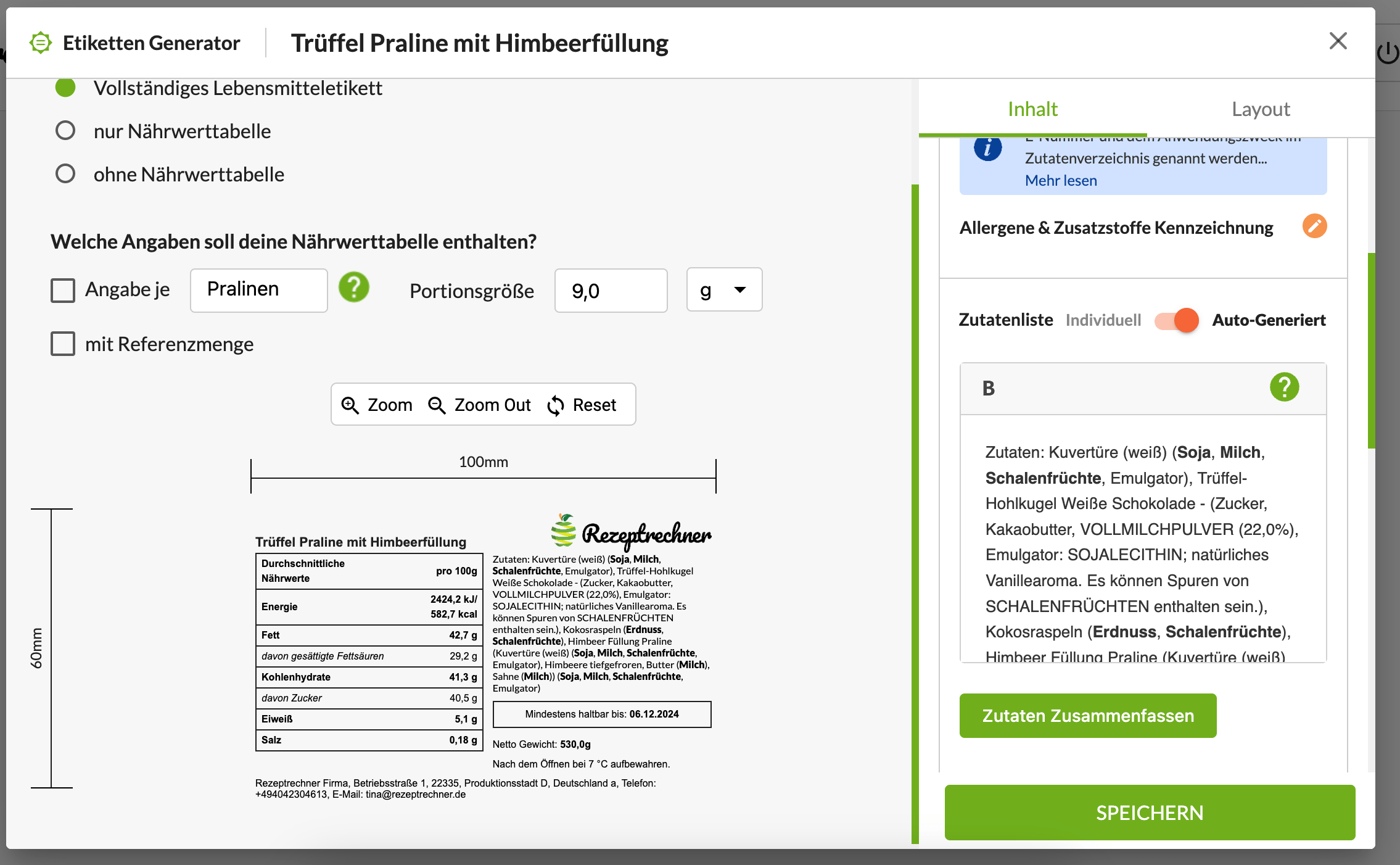 Pralinen Etikett mit Zutatenliste und Nährwertangaben