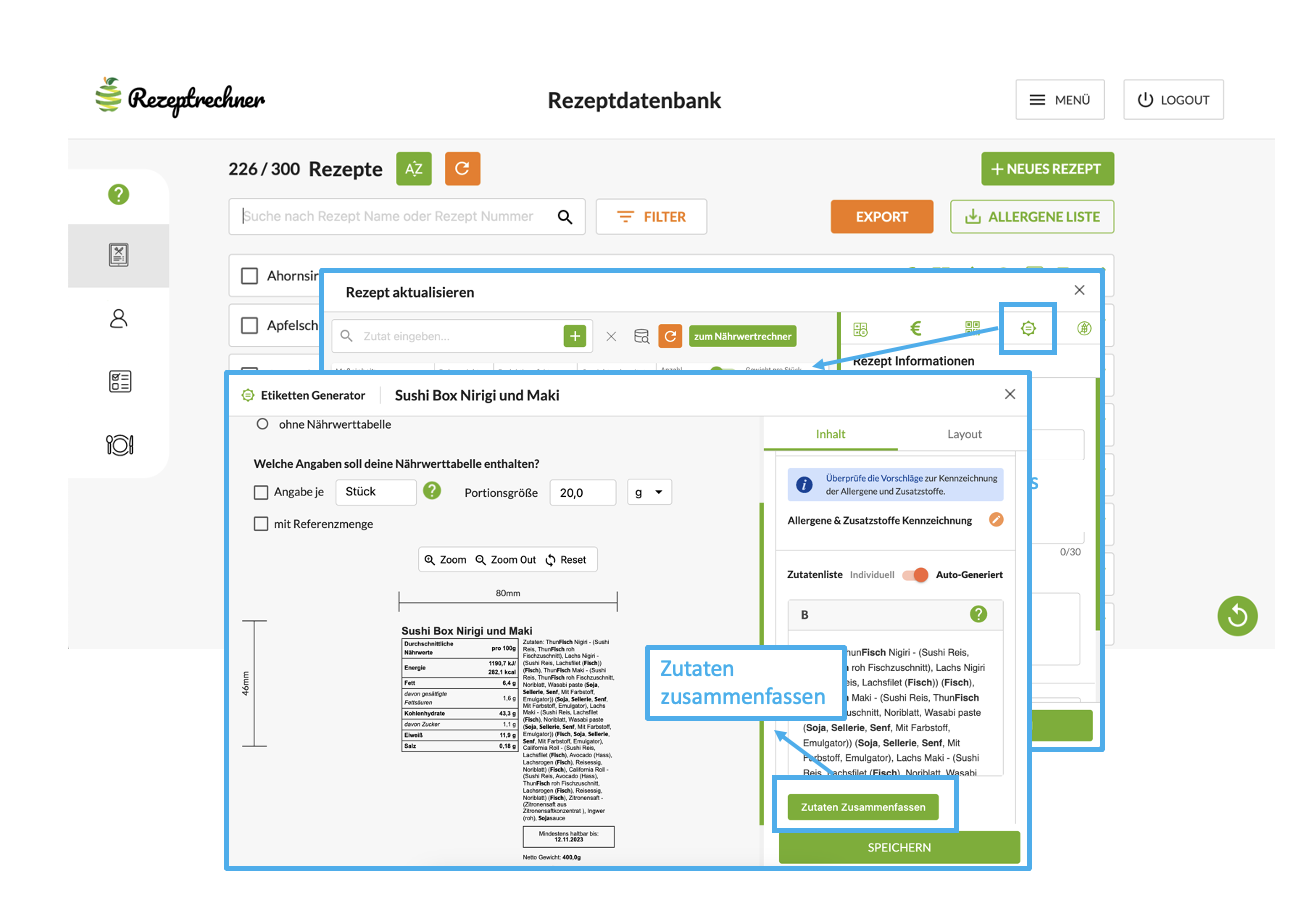 Zutaten Liste für Sushi zusammenfassen