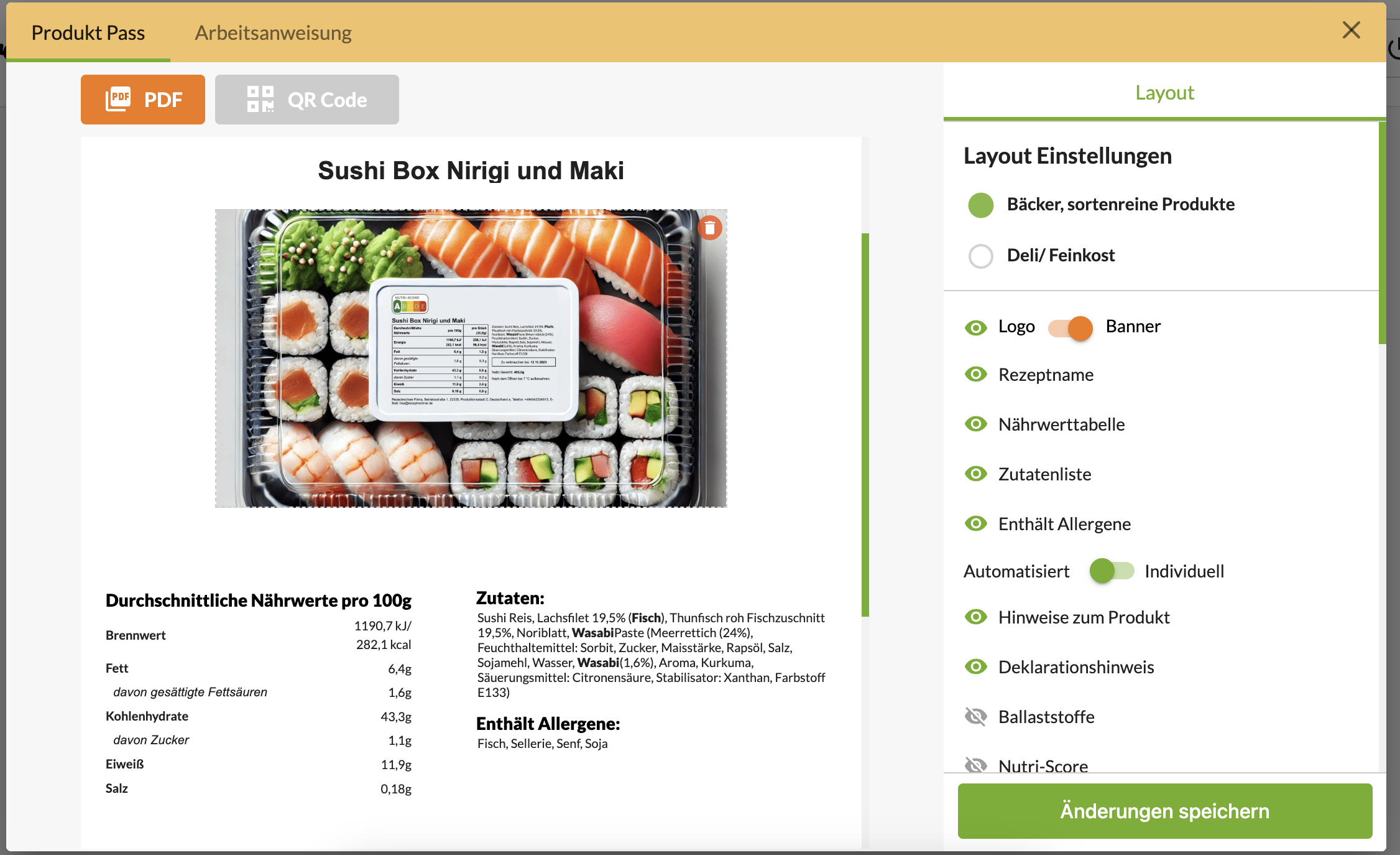 Sushi Kennzeichnung Produkt Datenblatt erstellen