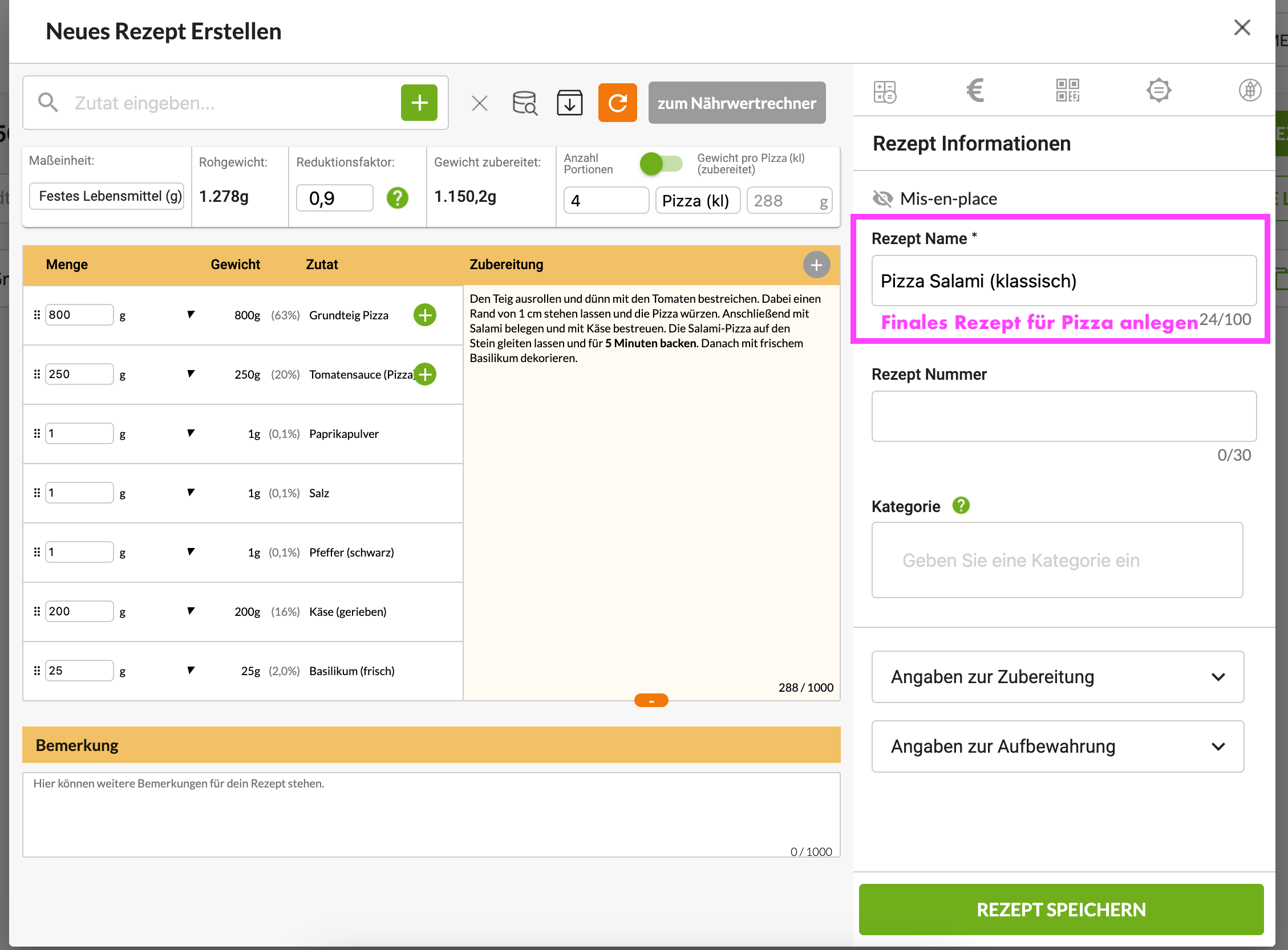 Pizza Kennzeichnung zur Rezeptverwaltung