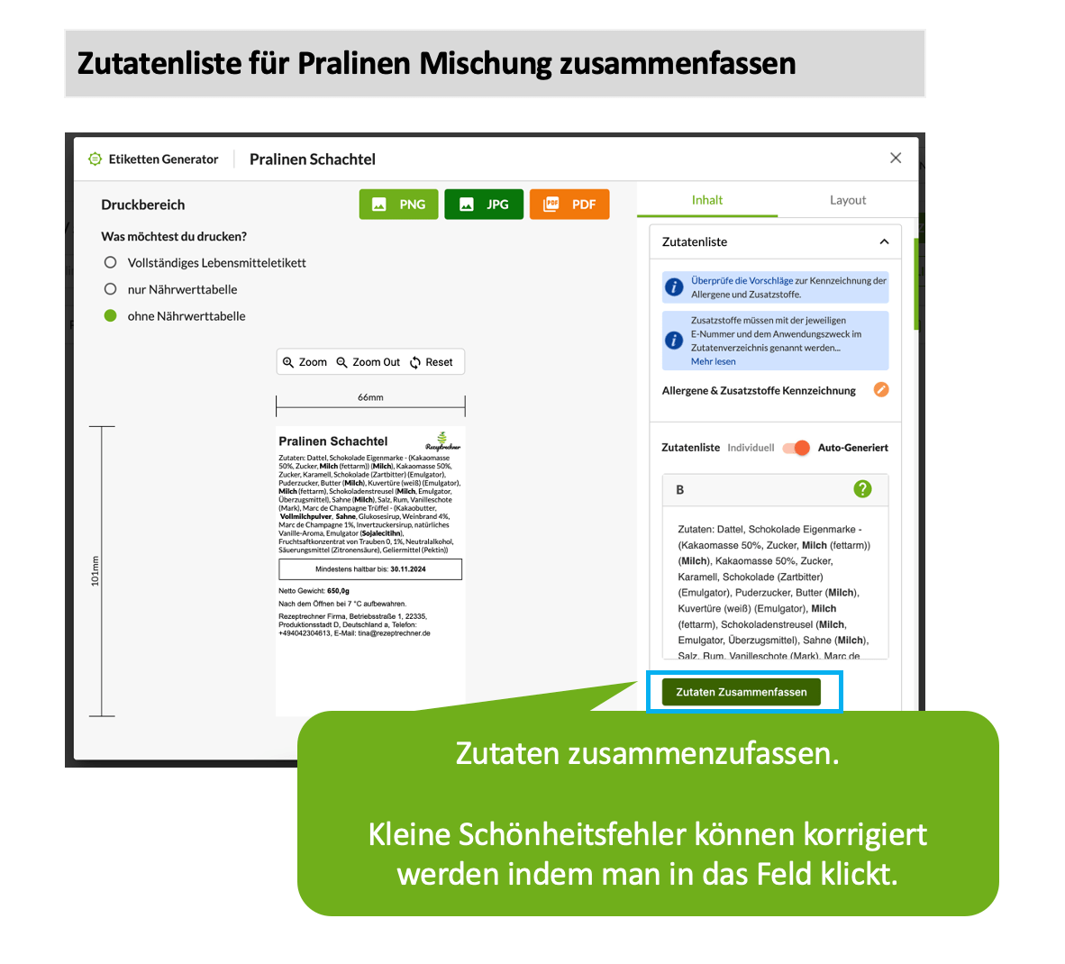 Zutatenliste zusammenfassen für Pralinen