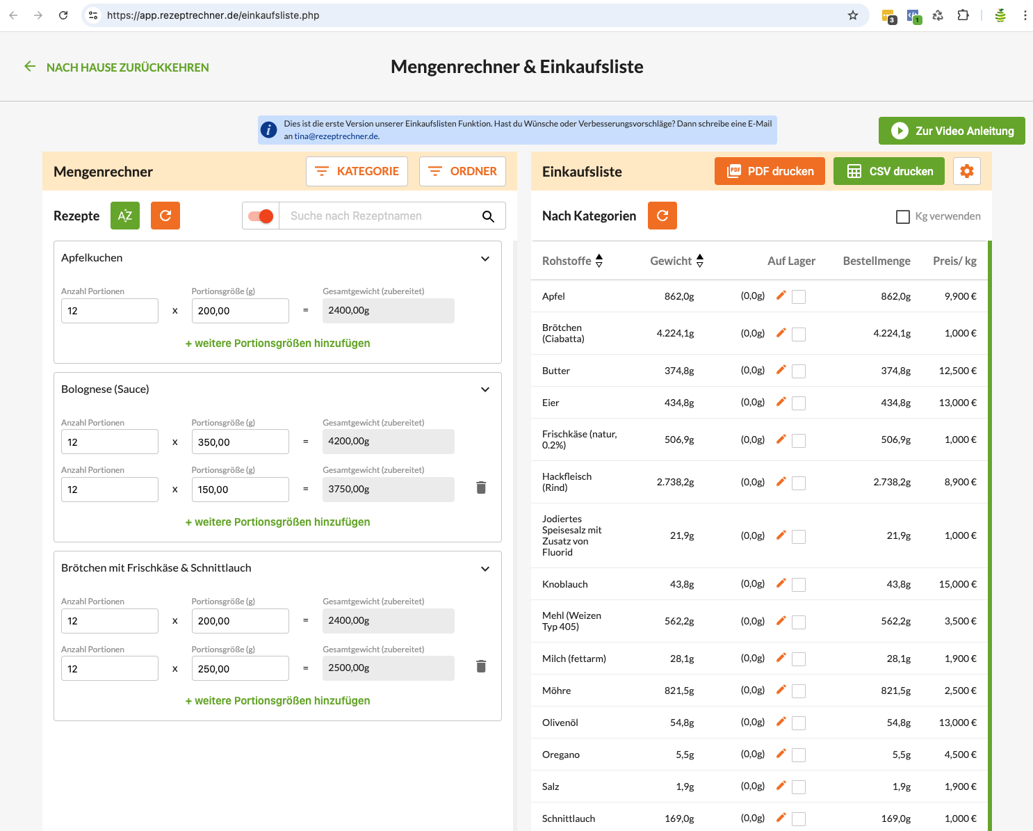 Mengen und Kosten für Gerichte kalkulieren