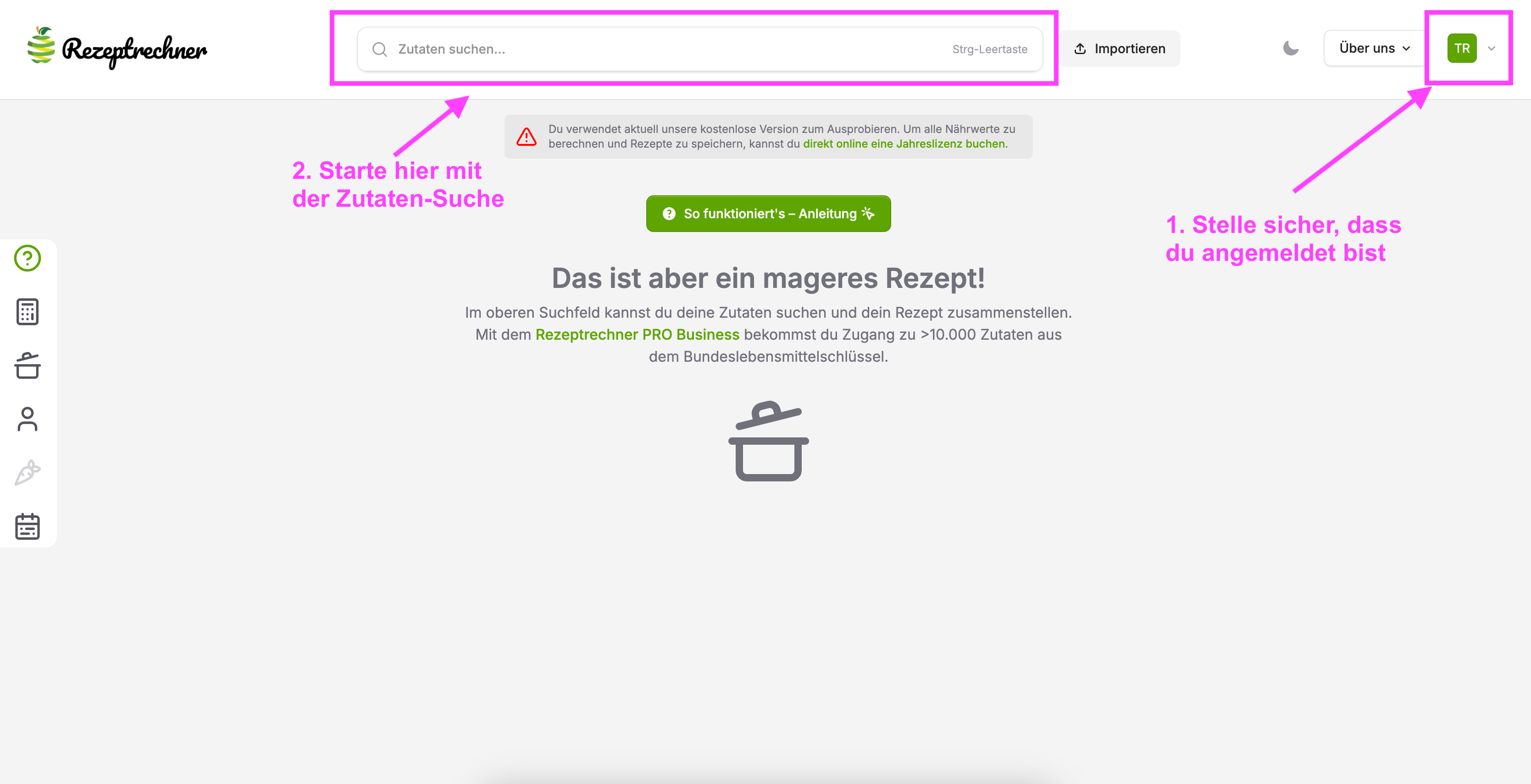 Schritt 1: Rezept eingeben Wareneinsatz berechnen in der Gastronomie: Schritt 1
