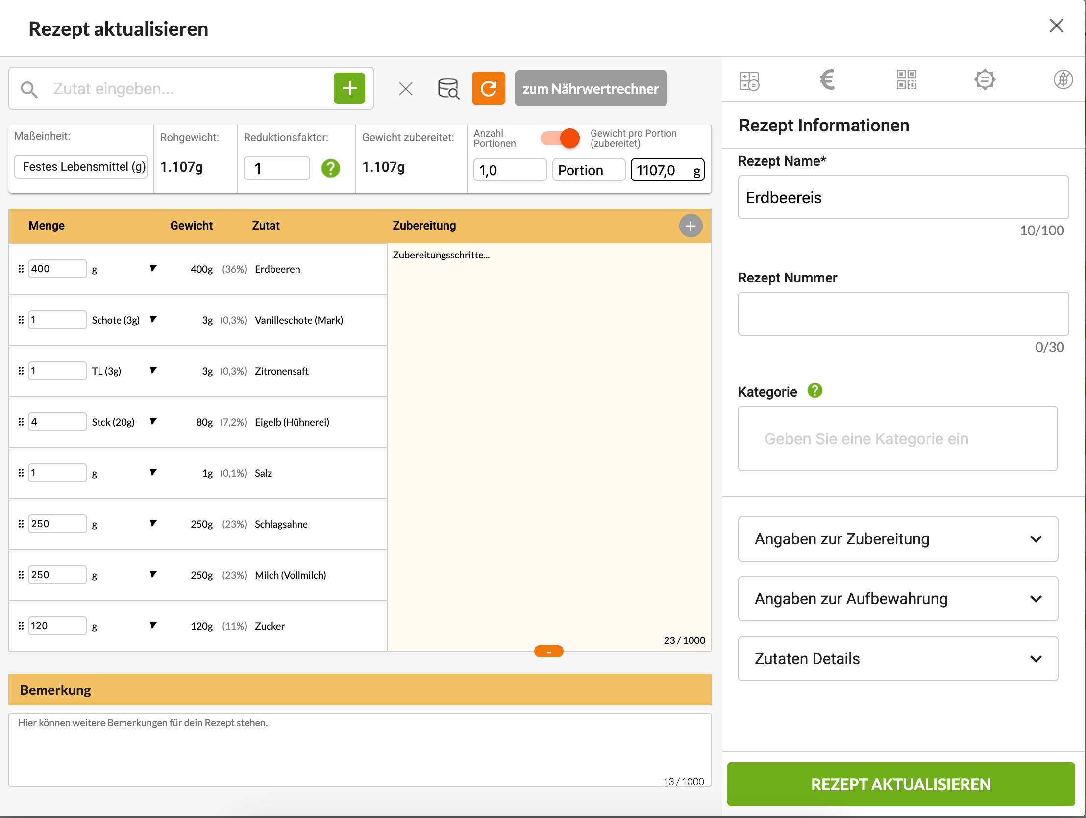 Rezepteingabe Beispiel Speiseeis Rezeptverwaltung Speiseeis & Kennzeichnung