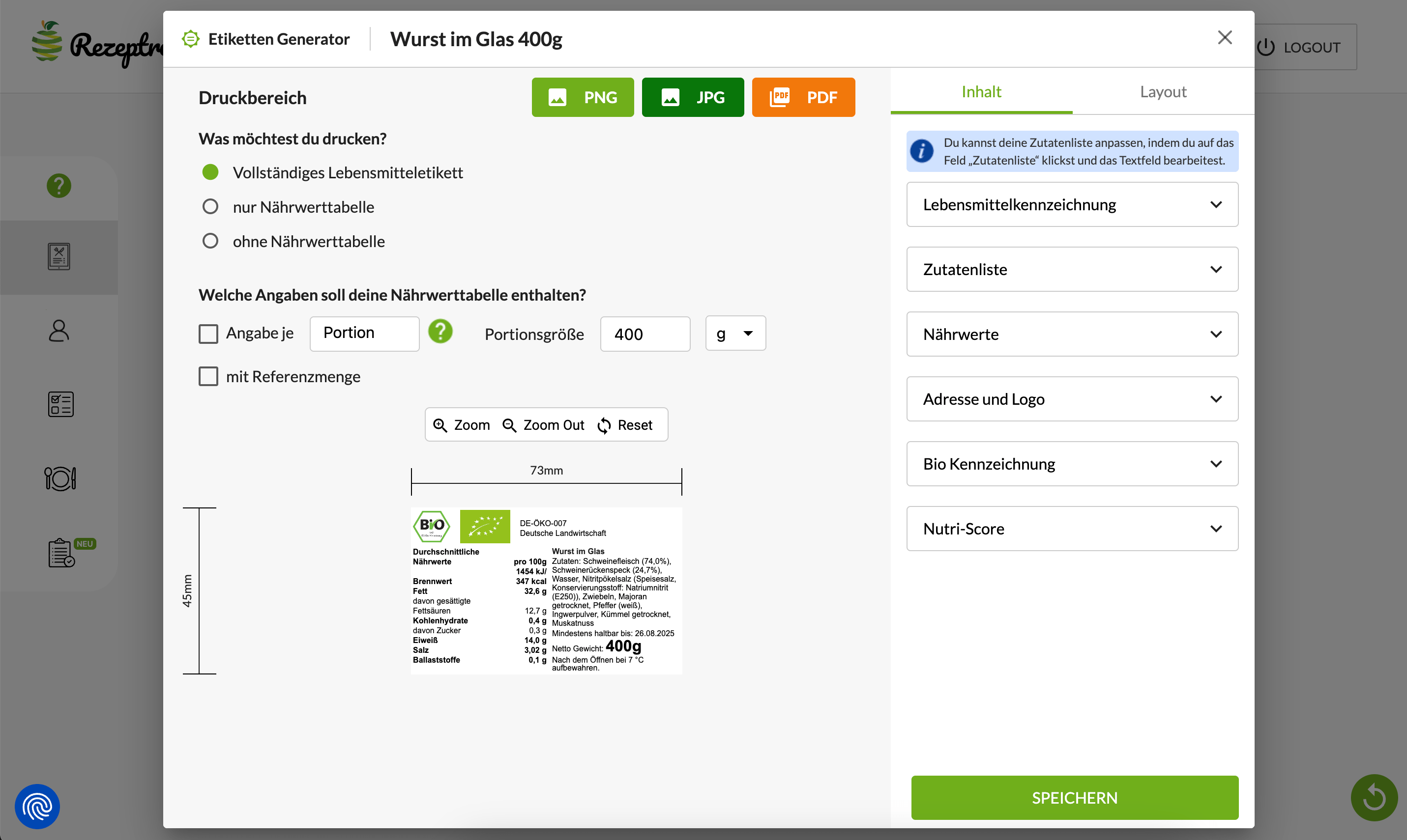 Lebensmittel Etiketten erstellen