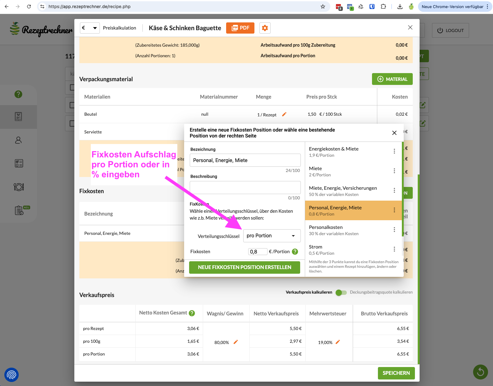Kalkulation belegte Brötchen: Fixkosten