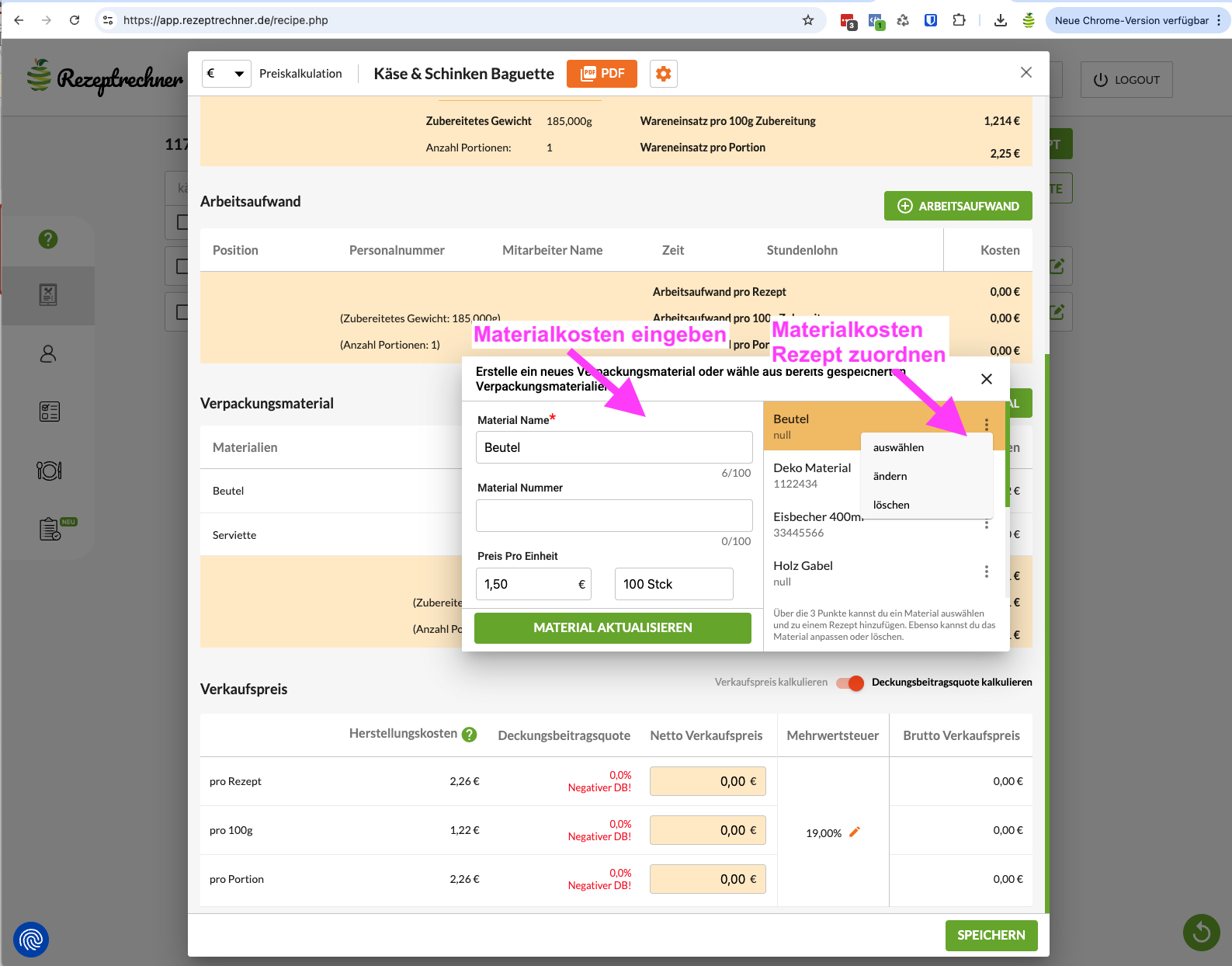 Belegte Brötchen Kalkulation Verpackungsmaterial