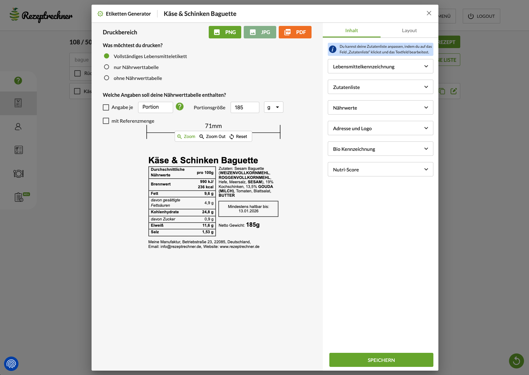Lebensmittelkennzeichnung belegte Brötchen