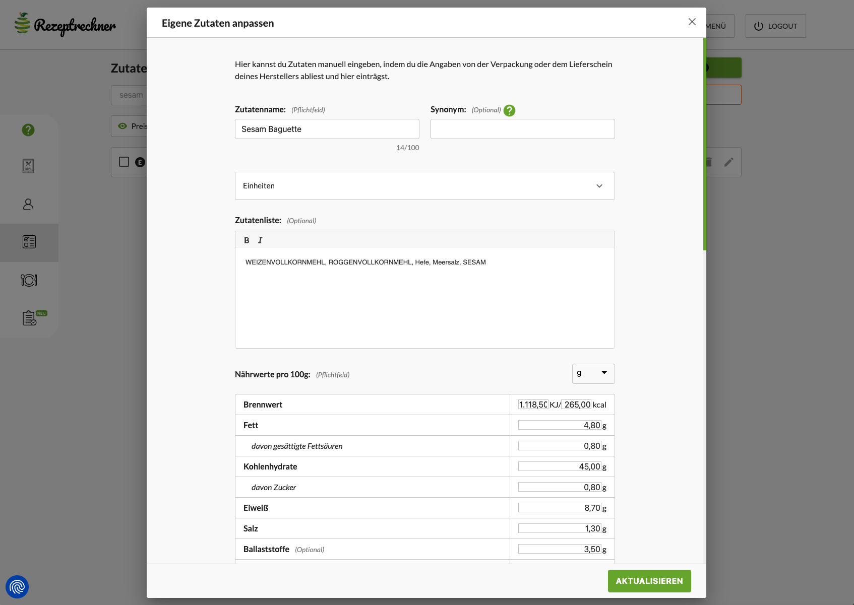 Rezeptrechner Zutatenverwaltung 