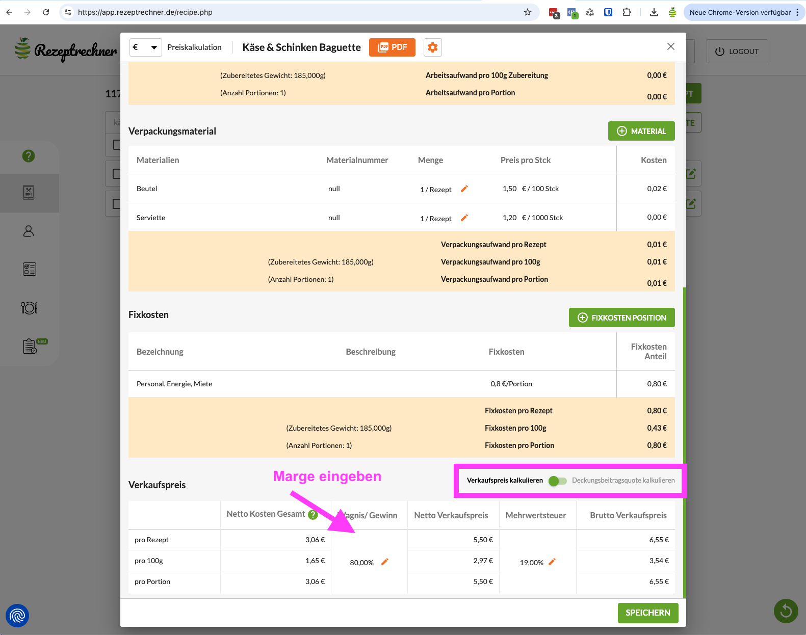 Kalkulation Verkaufspreis für belegte Brötchen durch Eingabe Gewinnmarge