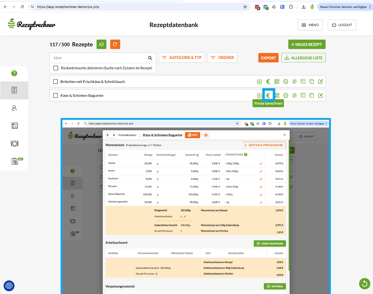 Wareneinsatz berechnen belegte Brötchen