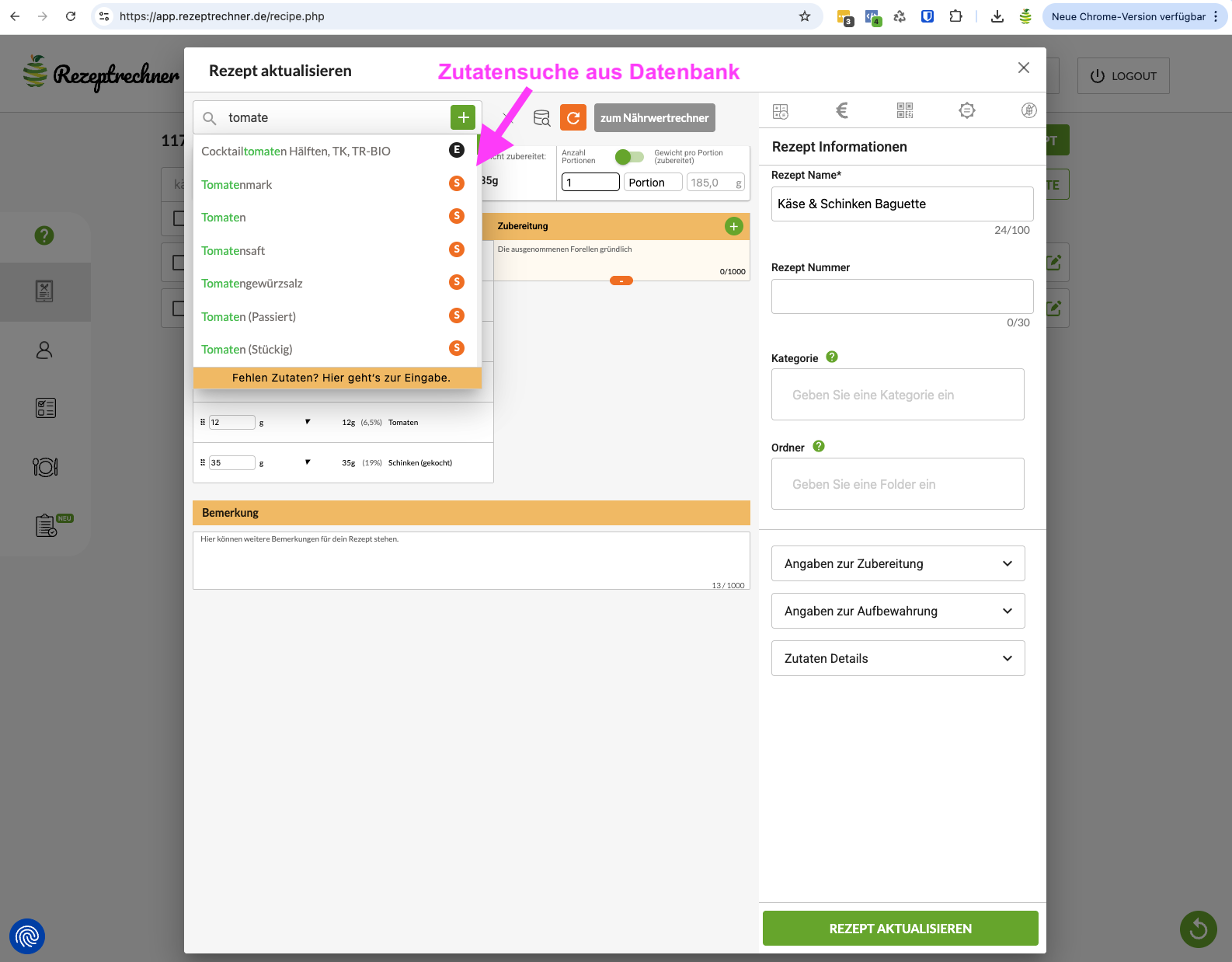 zentrale Zutaten Datenbank in Software