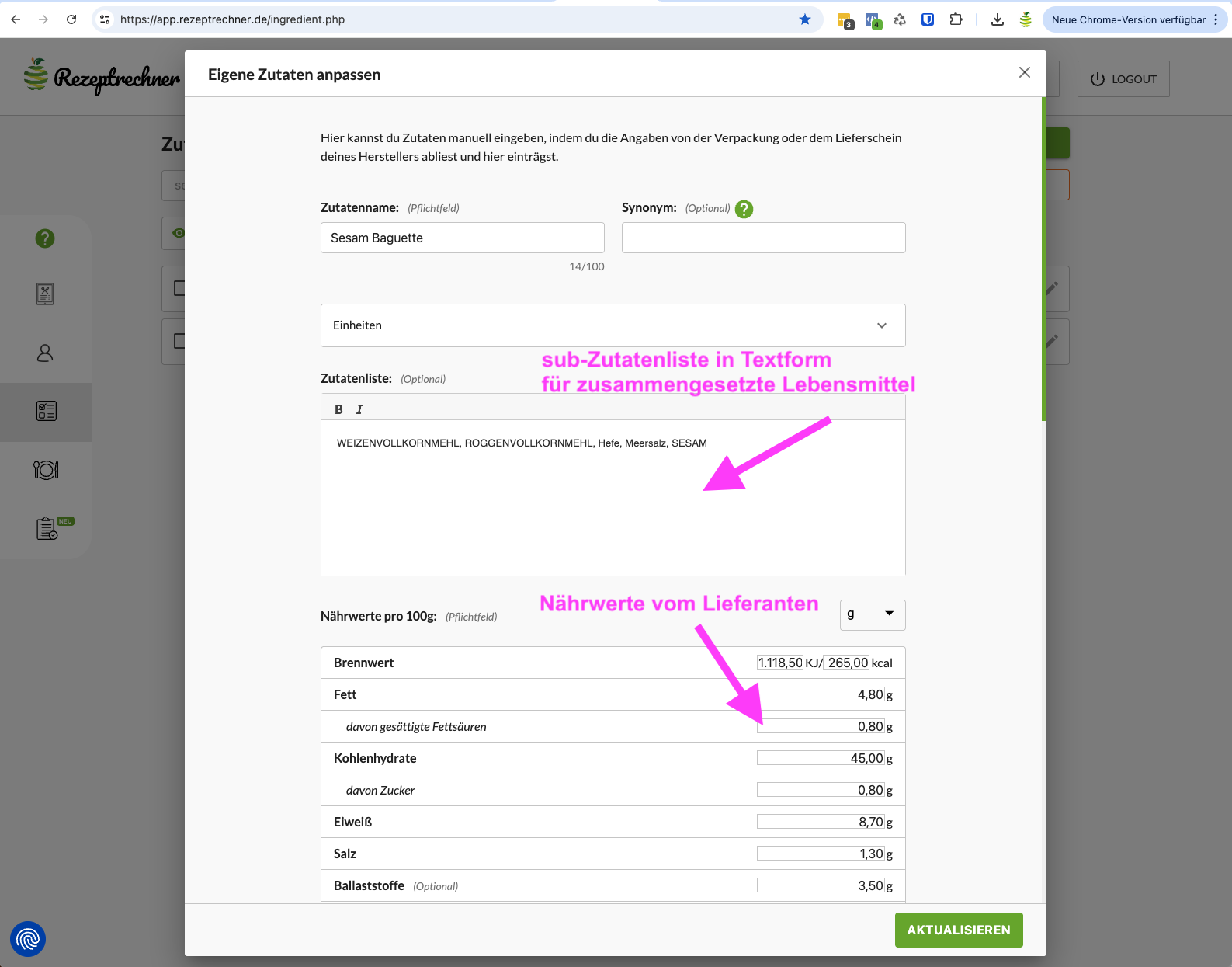 Eingabemaske Beispiel belegte Brötchen