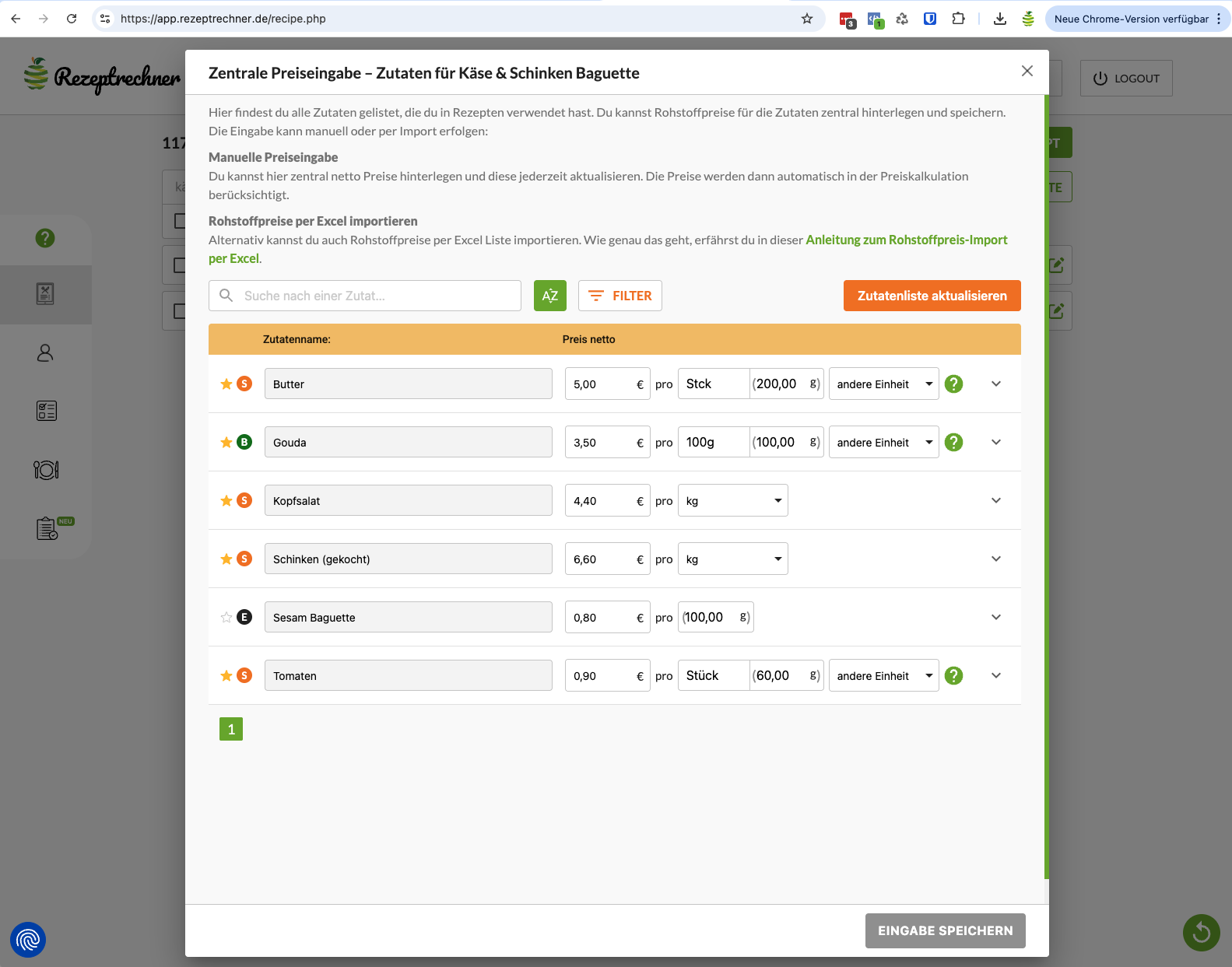 Preiskalkulation belegtes Brötchen