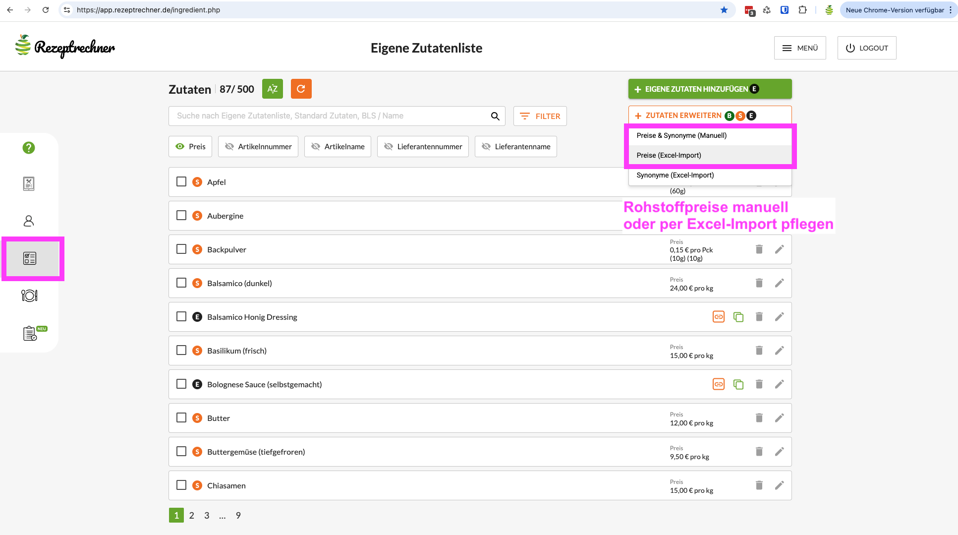 Wareneinsatz berechnen - Rohstoffpreise pflegen 