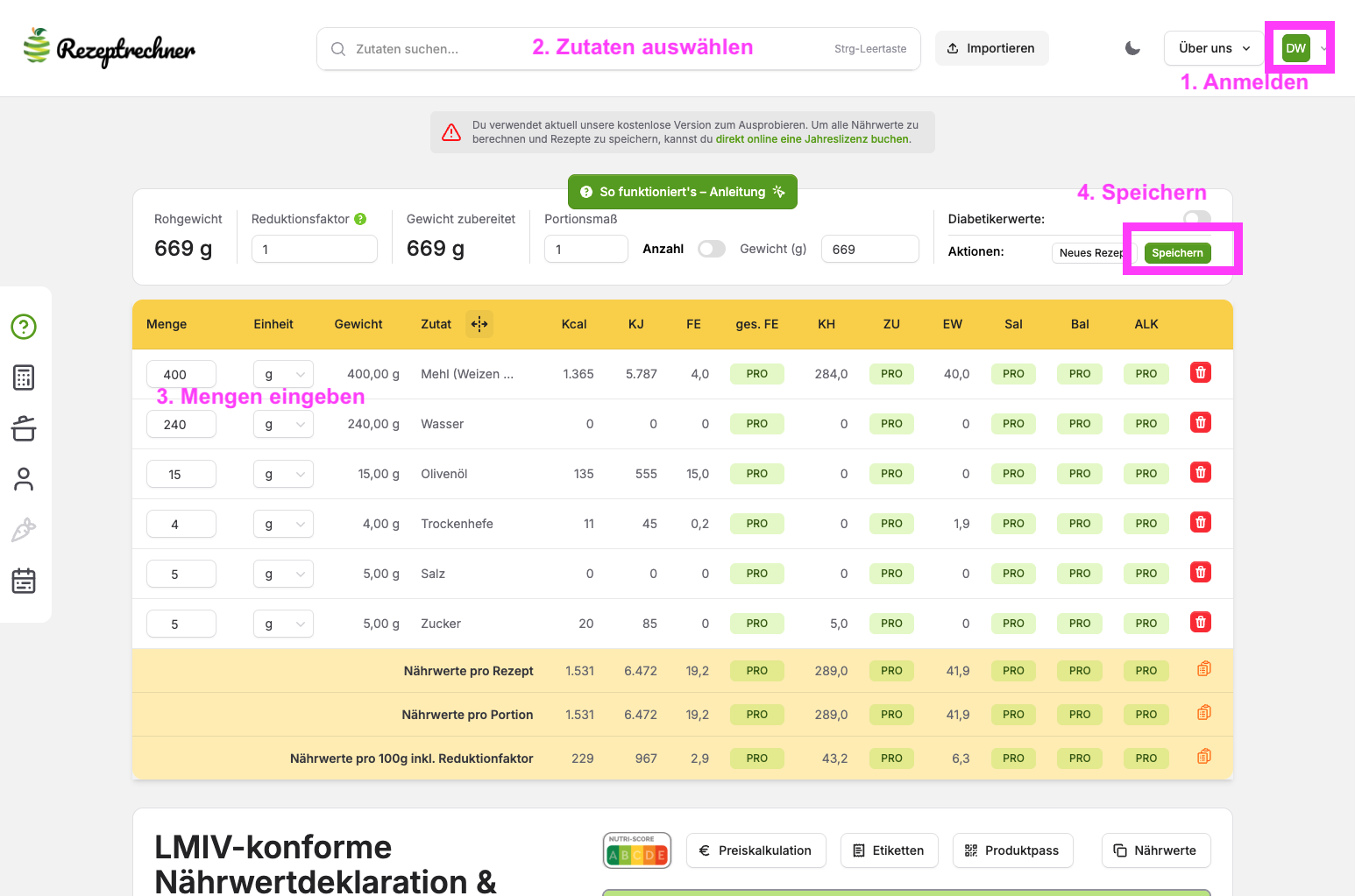 Rezepteingabe Pizzateig